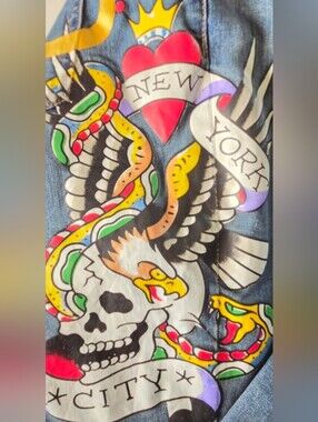 Ed Hardy NYC Denim Jumpsuit XL Skull Snake Tattoo Flare Tiger Head Headliner